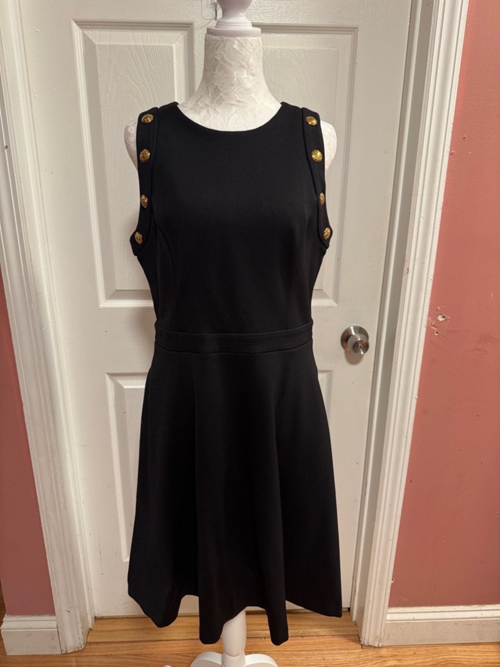 White House Black Market Black Sleeveless Dress with Gold Buttons NWOT